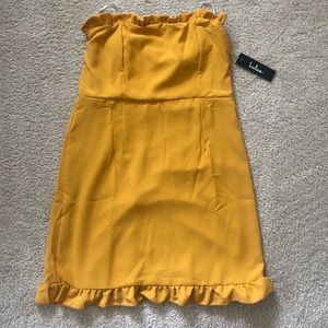 LULU’S GORGEOUS YELLOW STRAPLESS DRESS